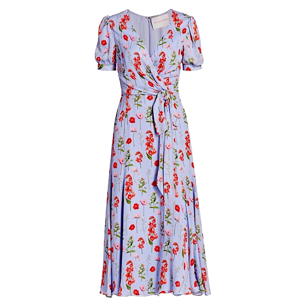 $1780 Carolina Herrera Floral Silk Midi Wrap Dress Blue Size 8 also fits 6